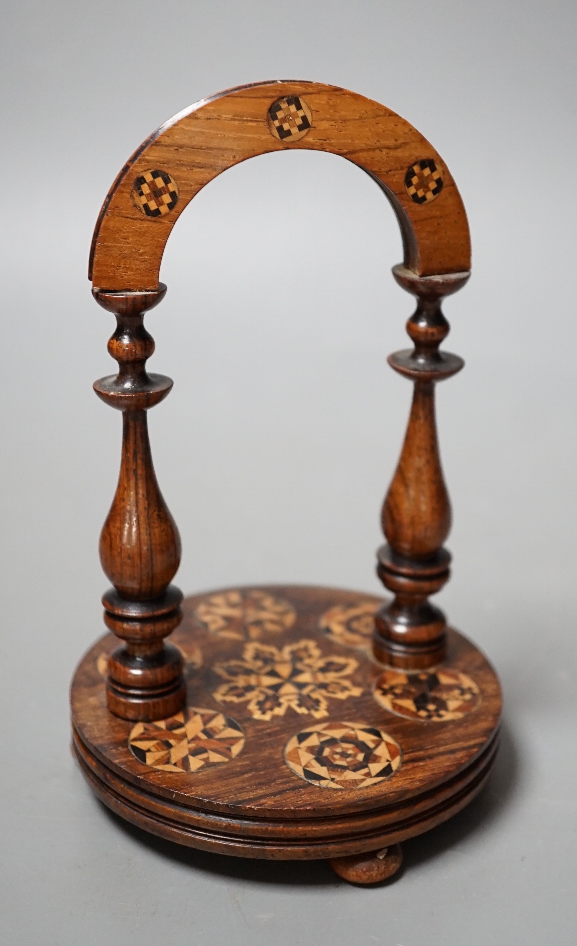 A Tunbridge ware rosewood and half square mosaic watchstand, c.1830-50, 16cm high
